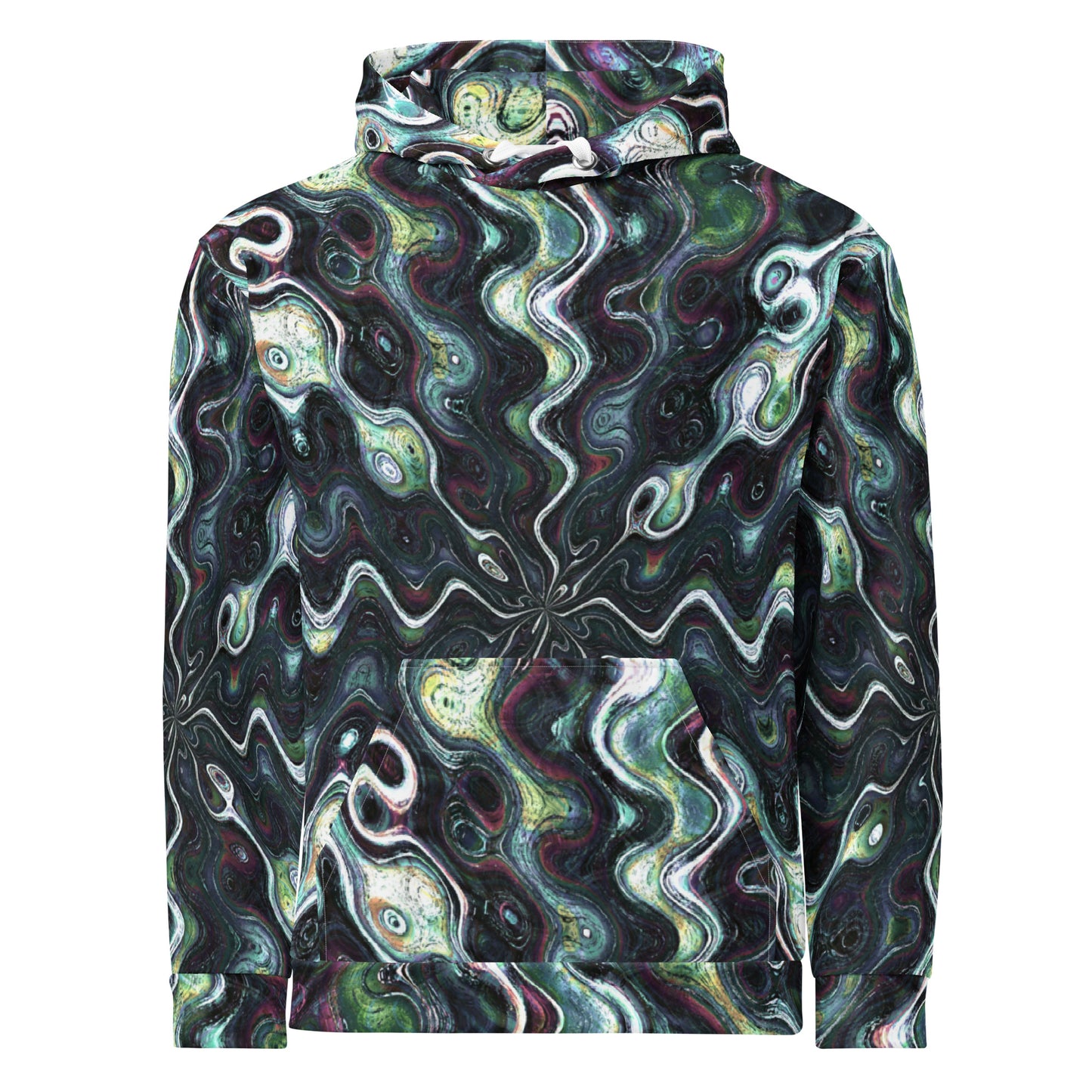 Chippin Balls Obsidian Swirl AOP Hoodie - front view, dark green and purple swirl all-over print
