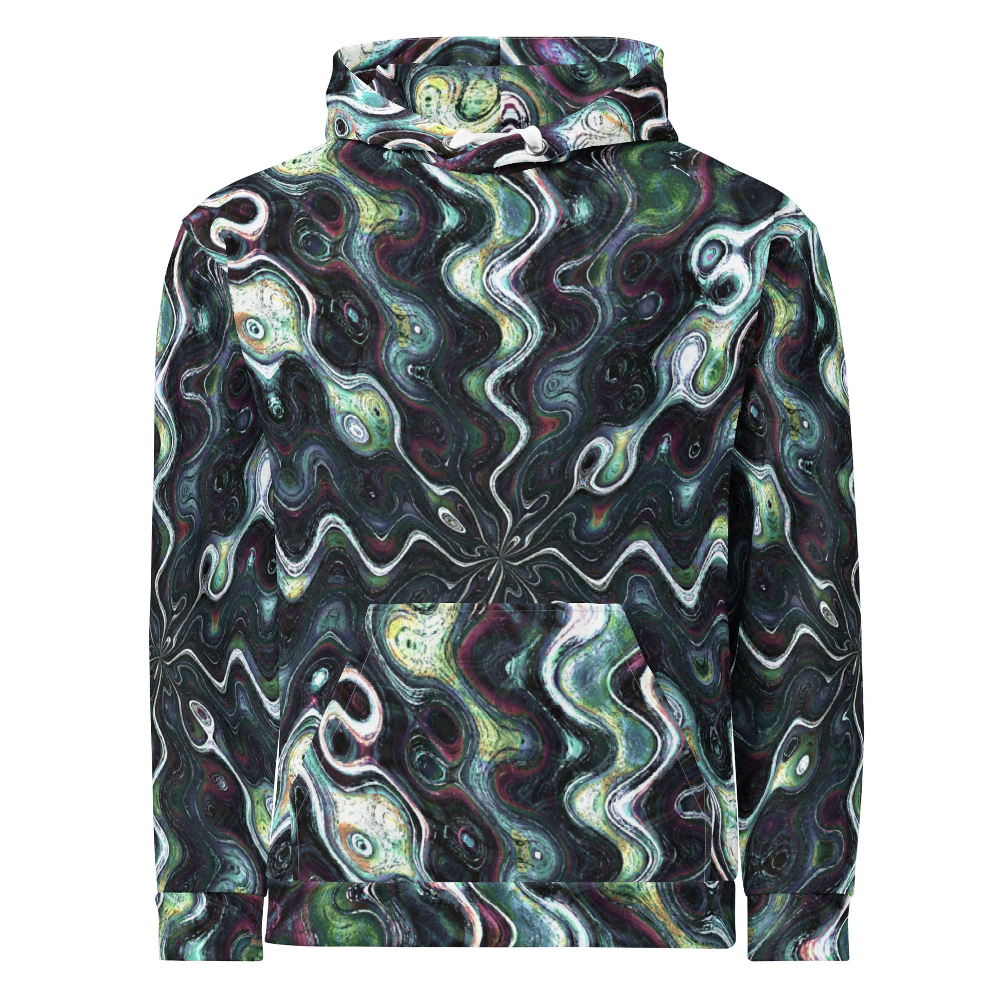 Chippin Balls Obsidian Swirl AOP Hoodie - front view, dark green and purple swirl all-over print