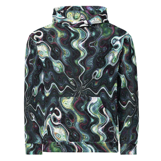 Chippin Balls Obsidian Swirl AOP Hoodie - front view, dark green and purple swirl all-over print