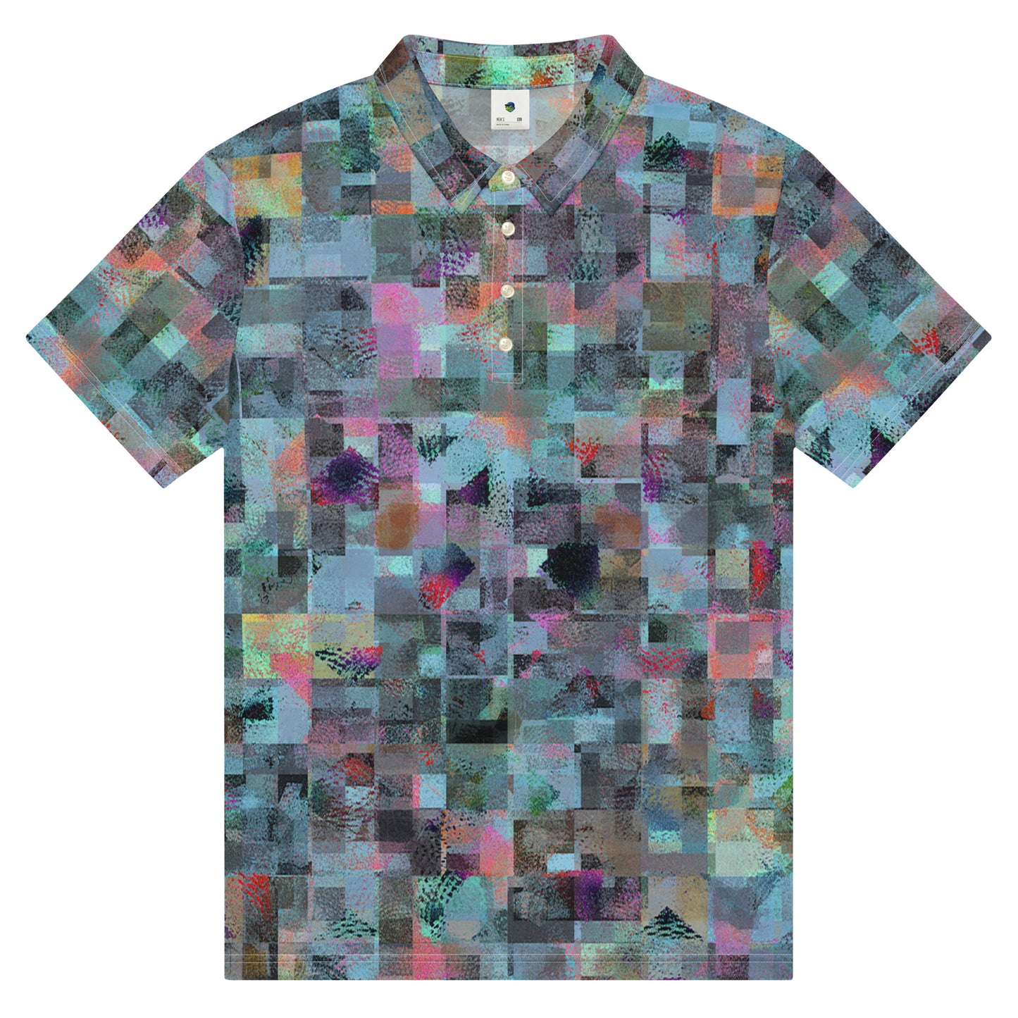 Chippin Balls Glitch Mosaic AOP Polo - close-up print detail