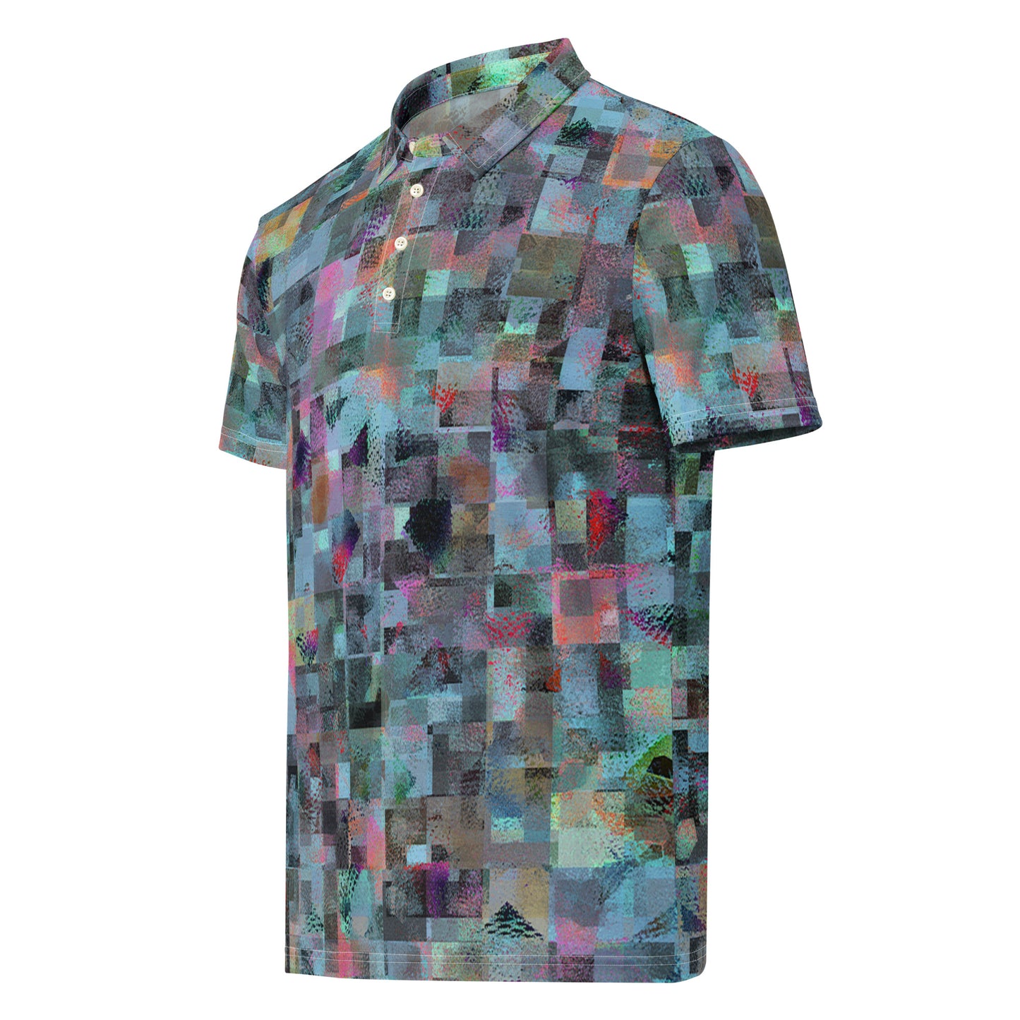 Chippin Balls Glitch Mosaic AOP Polo - fragmented pixel mosaic all-over print, teal and plum
