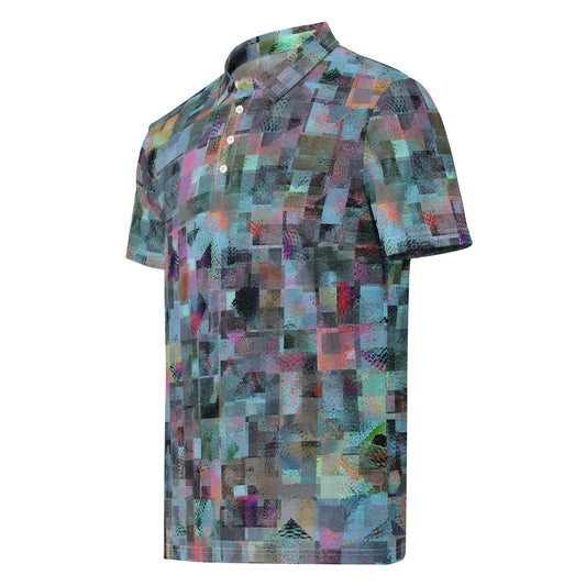 Chippin Balls Glitch Mosaic AOP Polo - fragmented pixel mosaic all-over print, teal and plum