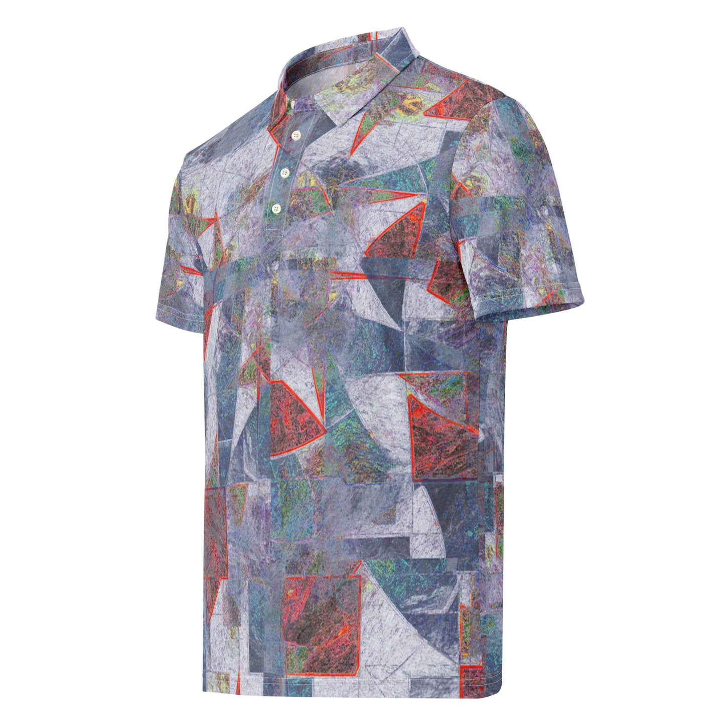 Chippin Balls Fractured Terrain AOP Polo - fractured geometric collage all-over print, grey and rust