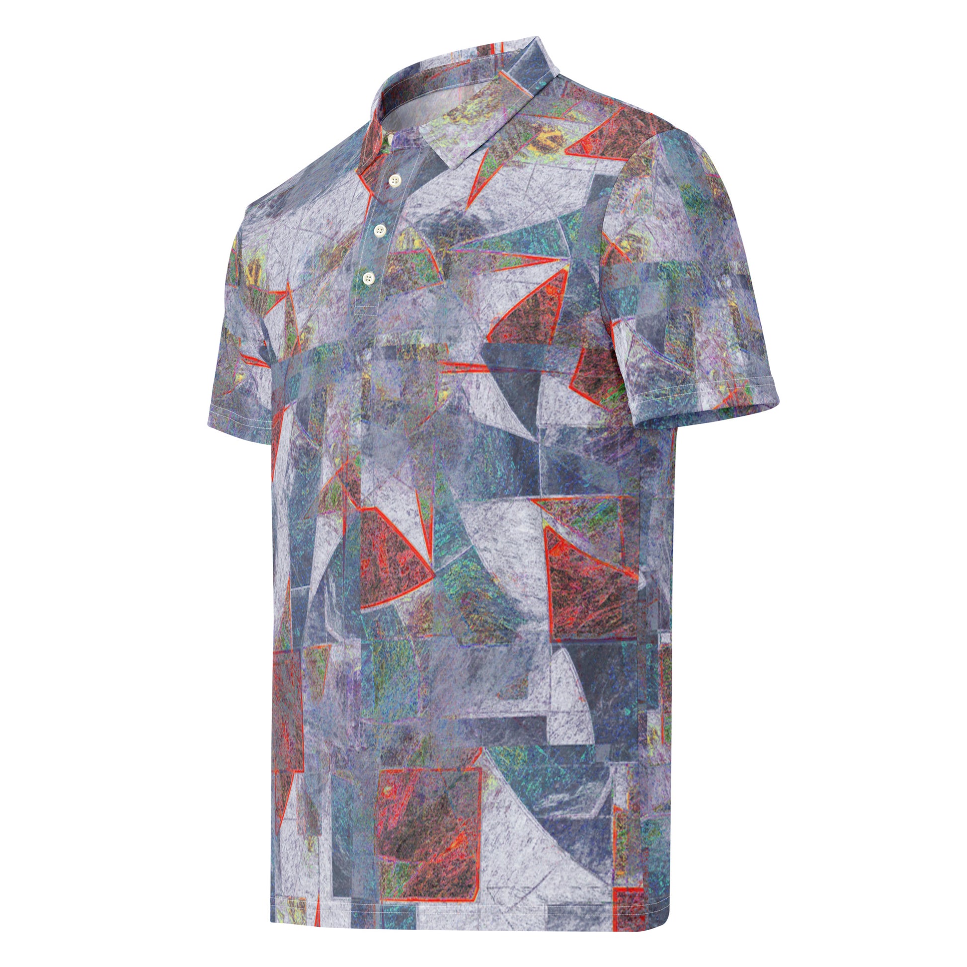 Chippin Balls Fractured Terrain AOP Polo - fractured geometric collage all-over print, grey and rust