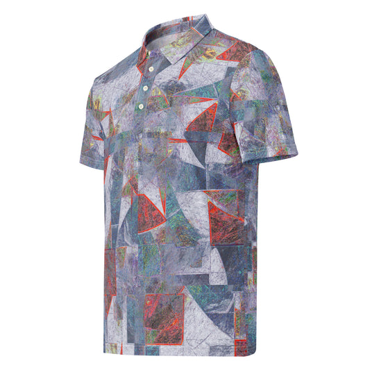 Chippin Balls Fractured Terrain AOP Polo - fractured geometric collage all-over print, grey and rust