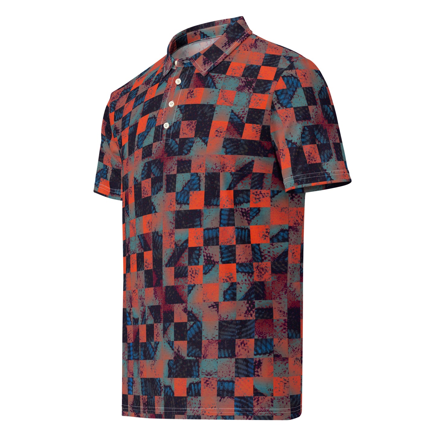 Chippin Balls Sunset Check AOP Polo - checkerboard mosaic all-over print, burnt orange and slate blue
