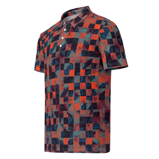 Chippin Balls Sunset Check AOP Polo - checkerboard mosaic all-over print, burnt orange and slate blue