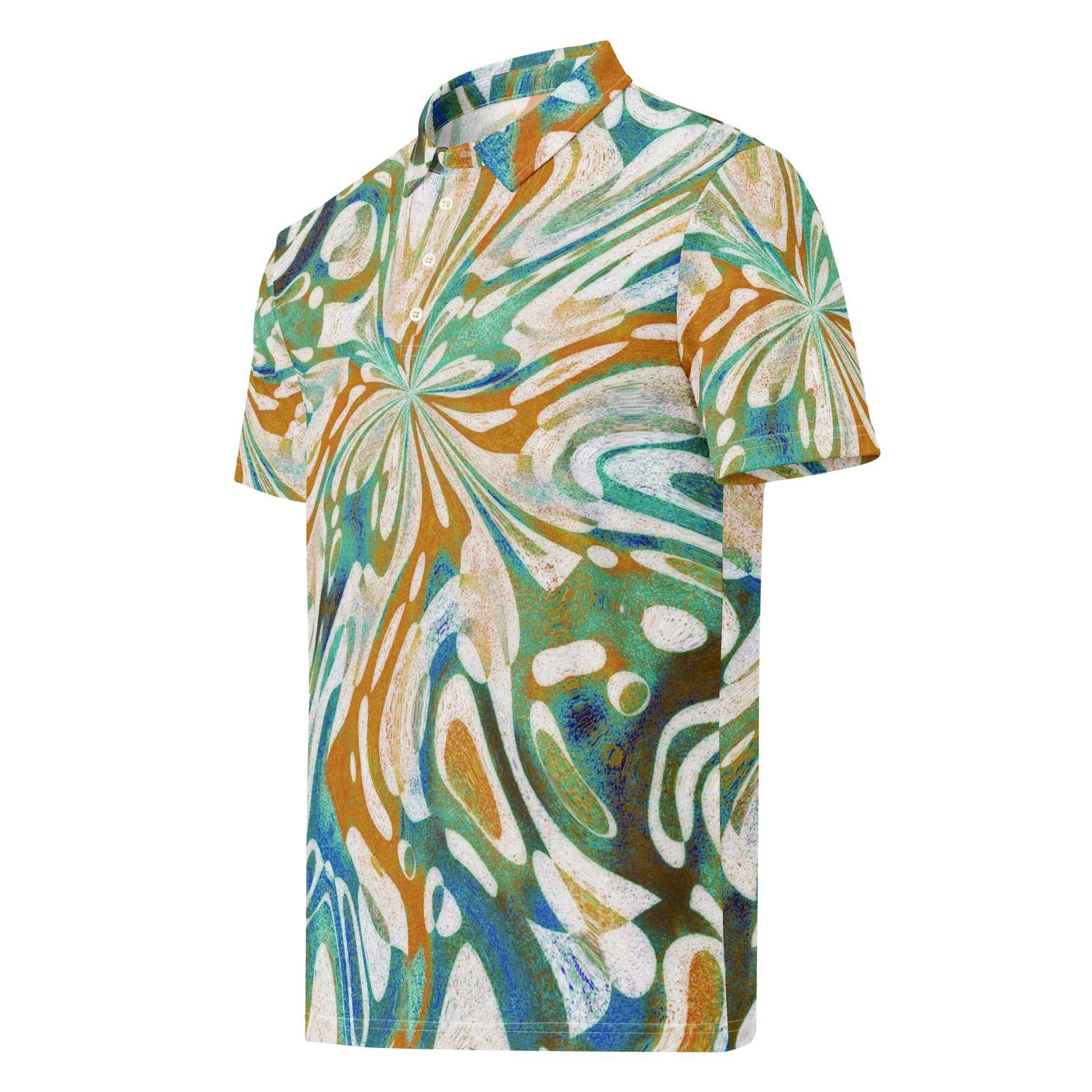 Chippin Balls Verdant Bloom AOP Polo - swirling floral starburst all-over print, olive and sky blue