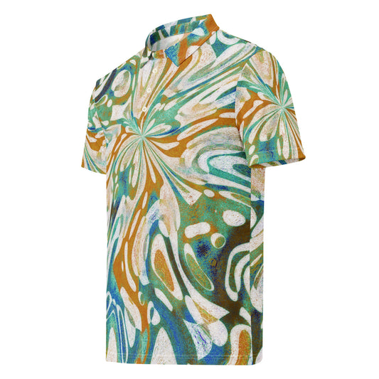 Chippin Balls Verdant Bloom AOP Polo - swirling floral starburst all-over print, olive and sky blue