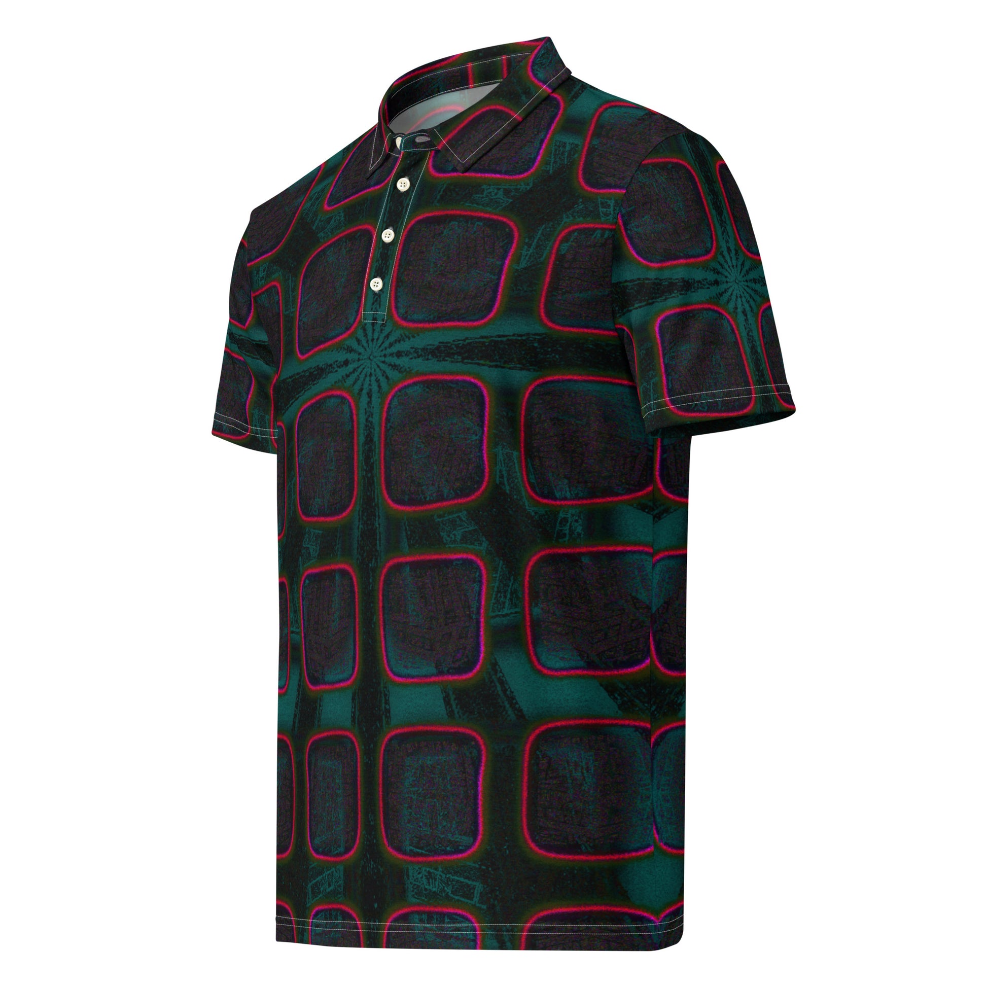 Chippin Balls Emerald Grid AOP Polo - dark emerald grid all-over print with pink outline and starburst center